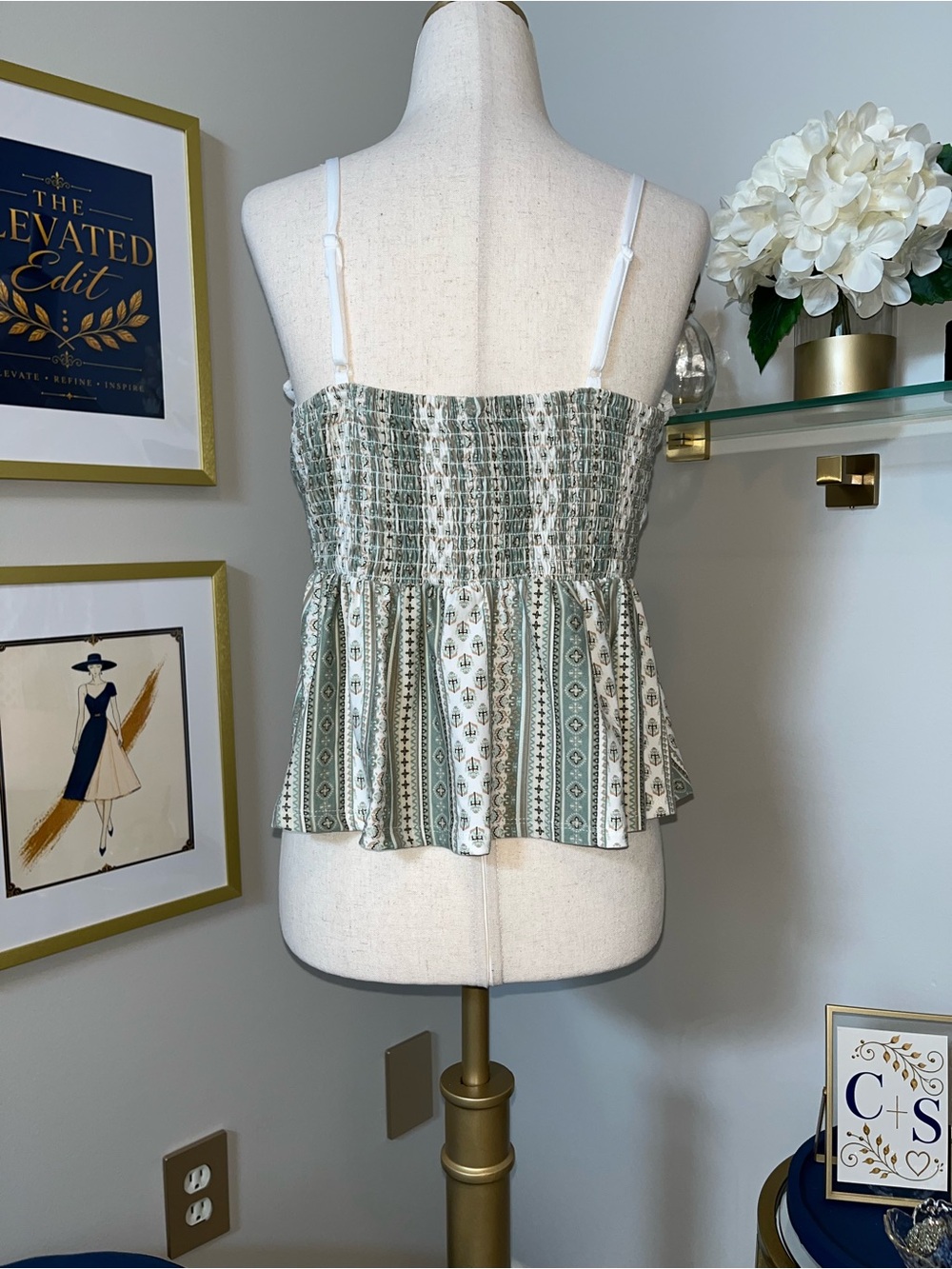 NWOT. Derek Heart Crochet Lace Smocked Peplum Cami Top | Sage | Boho Cottagecore - Picture 8 of 10